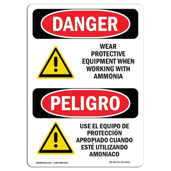 OSHA, Wear Protective Equipment Ammonia Bilingual, 24in X 18in Rigid Plastic, 18" W, 24" H, Spanish